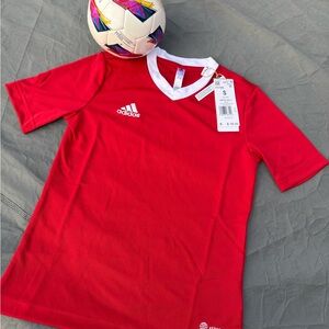 adidas Red Short-Sleeve V-Neck Soccer Jersey with White Trim